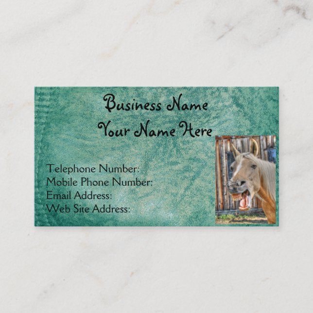 Carte De Visite Faux Green Leather & Happy Horse Design 2 (Devant)