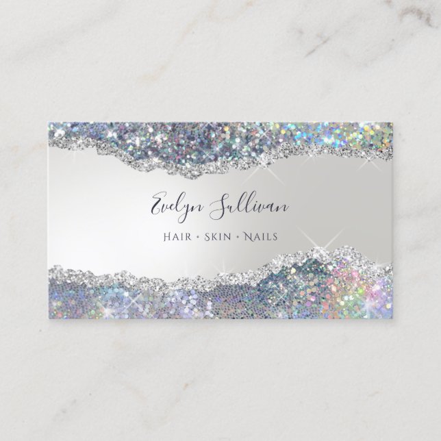 Carte De Visite Faux iridescente argent feuille parties scintillan (Devant)