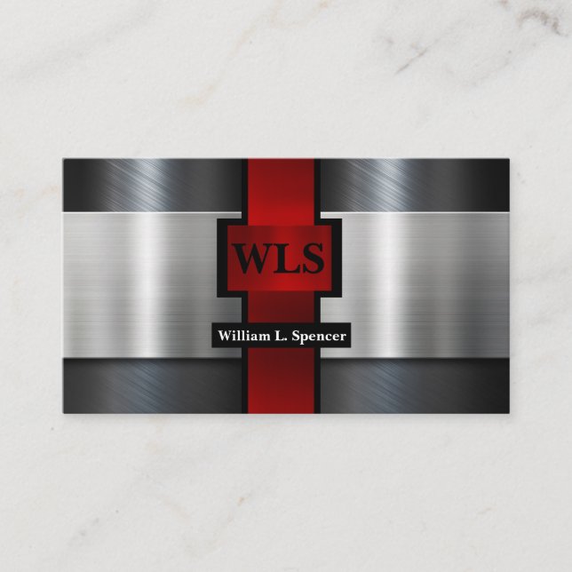 Carte De Visite Faux Métal Gris Noir Rouge Monogramme (Devant)