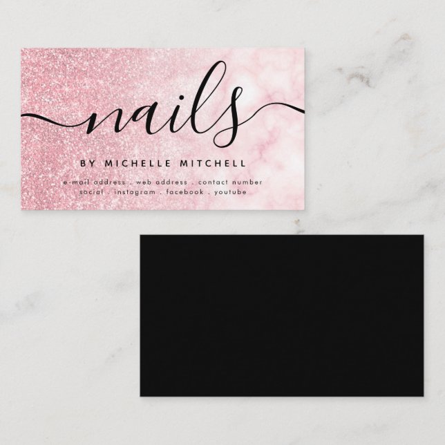 Carte De Visite Faux Rose Gold Parties scintillant Nails en marbre (Devant / Derrière)