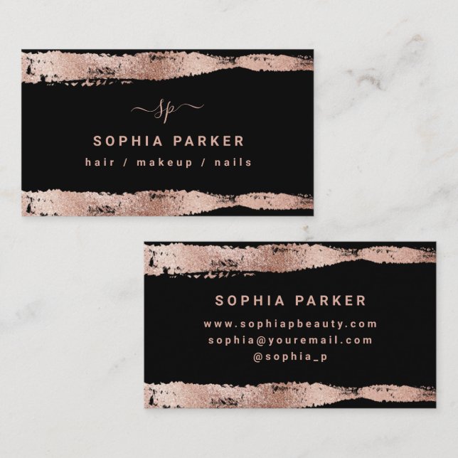 Carte De Visite Faux Rose Gold sur Black (Devant / Derrière)