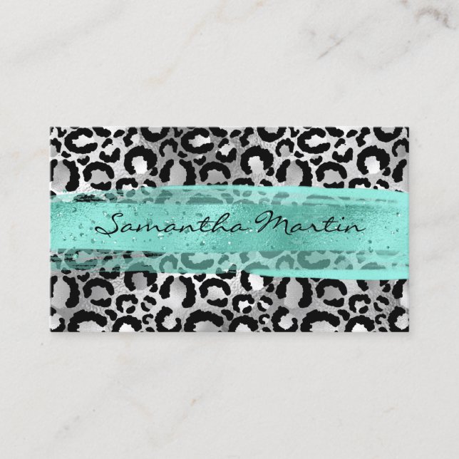 Carte De Visite Faux Silver Foil Leopard Spot Aqua Brush Strot (Devant)
