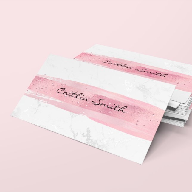 Carte De Visite Faux Silver White Foil Marbre rose Brush Strot (Silver White Foil Marble Pink Brush Stroke Business Card)