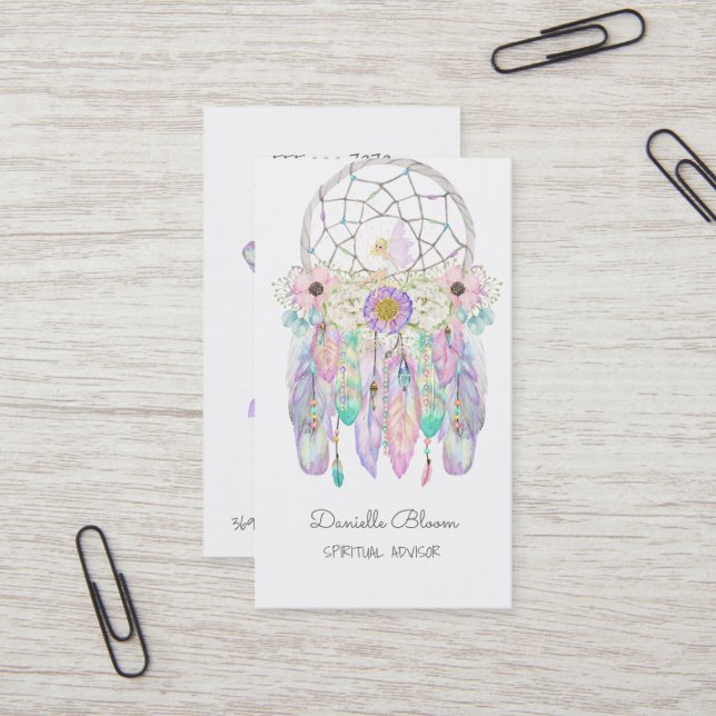 Carte De Visite Fée de la tribu Boho Dream Catcher Flèches Plumes (Devant/Arrière en situation)