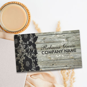 Carte De Visite Feminine country chic dentelle noire grange bois