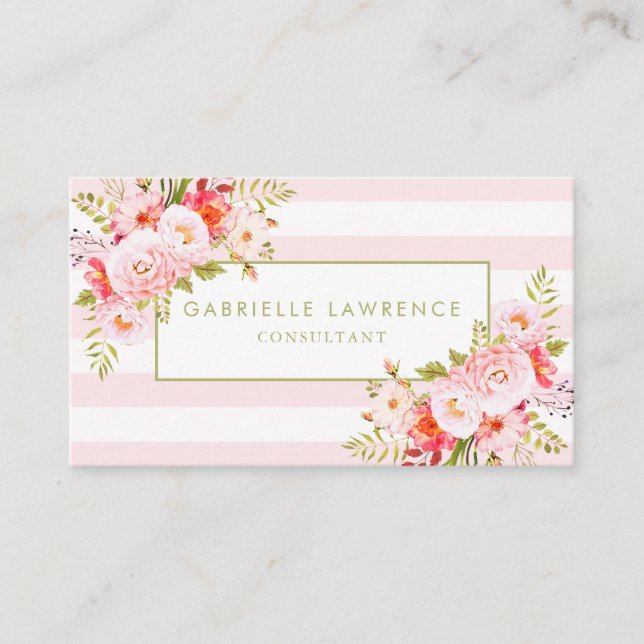 Carte de visite Feminine Pink Stripes et Peonies (Devant)