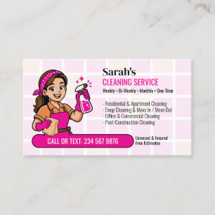 Carte De Visite Femme de ménage dessin animé rose nettoyage de mai
