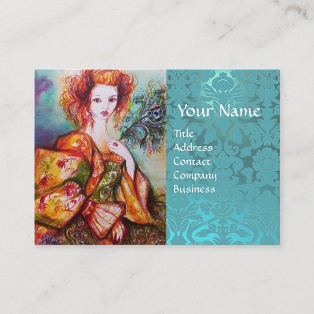 Carte De Visite FEMME ROMANTIQUE AVEC PEACOCK FEACOCK Blue Damask (Devant)