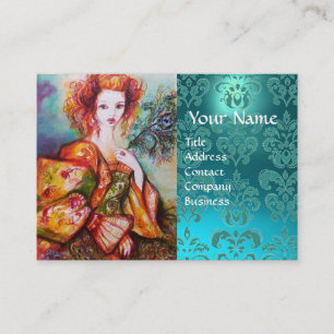 Carte De Visite FEMME ROMANTIQUE AVEC PEACOCK FEACOCK Blue Damask