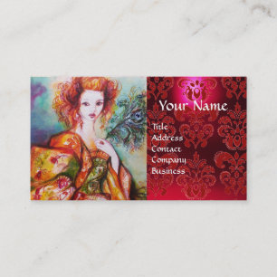 Carte De Visite FEMME ROMANTIQUE AVEC PLUME DE PAON Rouge Damassé