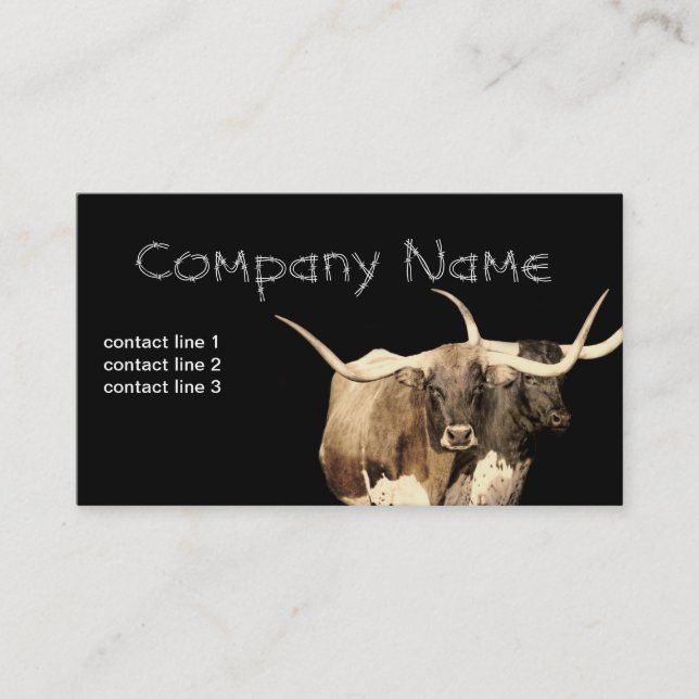 Carte De Visite ferme de ranch vaches longhorn sur noir coutume (Devant)