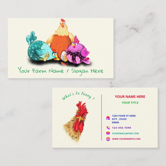 Carte De Visite Ferme joyeuse avec coq amusant - Joyeux fermier (Devant / Derrière)