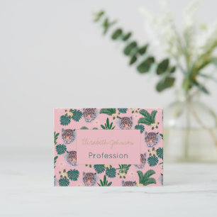 Carte De Visite Feuillage floral rose tropicale et visages léopard