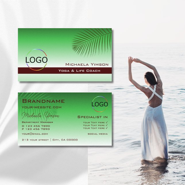 Carte De Visite Feuille de palme à dégradé vert avec logo professi (Créateur téléchargé)