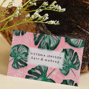Carte De Visite Feuille verte moderne de monstera sur floral blanc