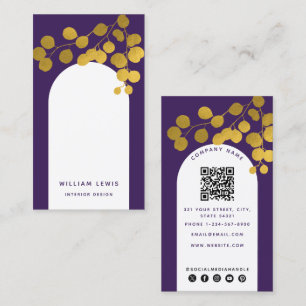 Carte De Visite Feuilles d'or violet Arch moderne QR Code
