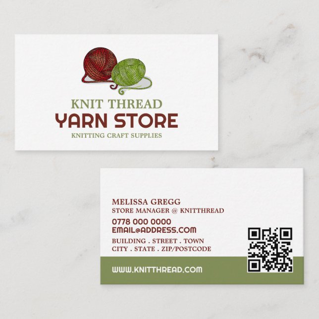 Carte De Visite Fil rouge et vert, magasin de Tricots, magasin de  (Devant / Derrière)
