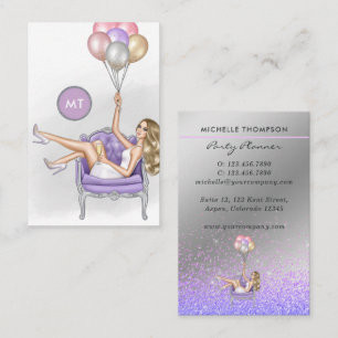 Carte De Visite Fille de fête au ballon monogramme argent et viole