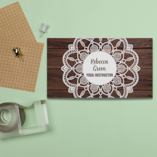Carte De Visite Fille moderne Rustique Woodgrain Yoga Mandala (Modern Girly Rustic Woodgrain Yoga Mandala Business Card)