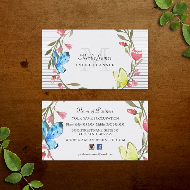 Carte De Visite Fille papillon floral et rayures Planificateur d'é (Girly Butterfly Floral and Stripes Event Planner Business Cards)