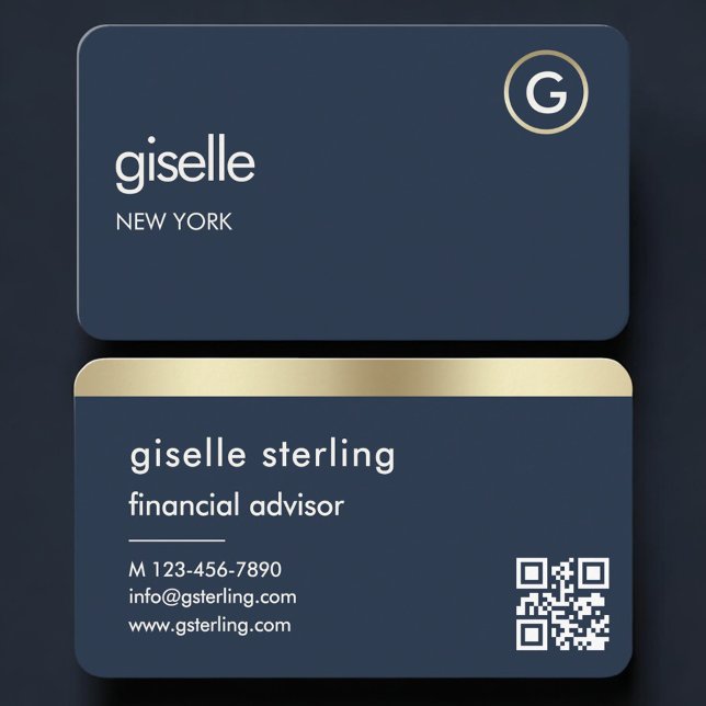 Carte De Visite Financial Advisor Navy Blue Gold QR Code (Créateur téléchargé)
