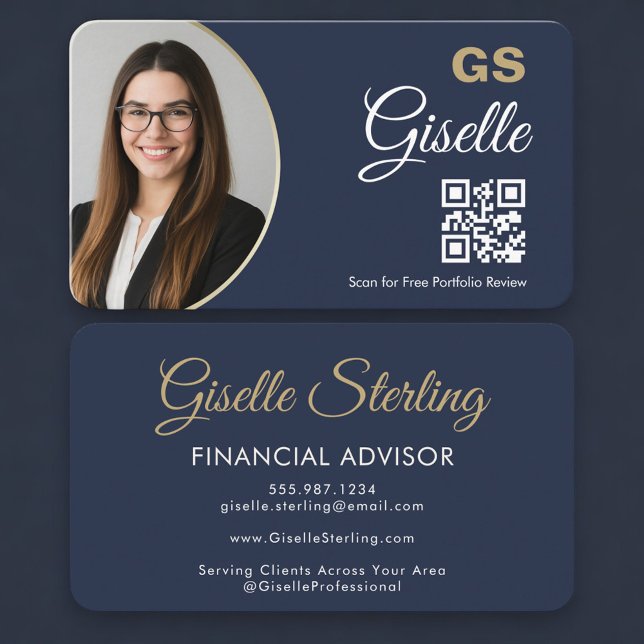 Carte De Visite Financial Agent Photo QR Code Navy Blue Gold  (Créateur téléchargé)