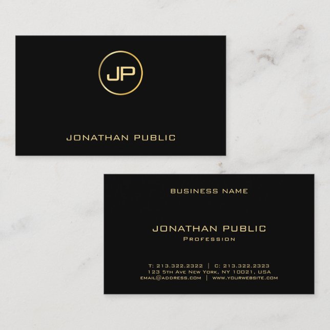 Carte De Visite Finition soie Elegant Noir & Or Monogramme moderne (Devant / Derrière)