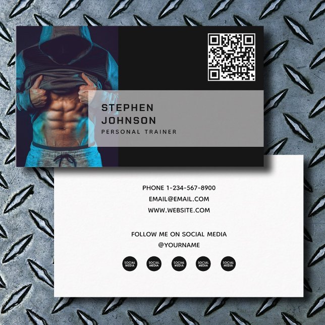 Carte De Visite Fitness du formateur personnel QR Code Social Medi (Personal Trainer Fitness QR Code Social Media Icon Business Card)