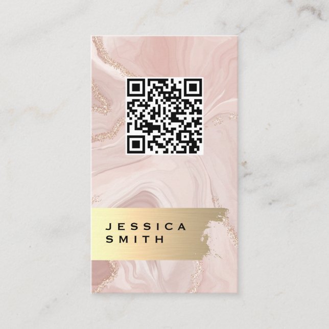 Carte De Visite Flacons d'or en marbre rose | Code QR (Devant)