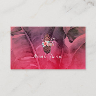 Carte De Visite Flamant rose et palmettes tropicaux roses d'ananas
