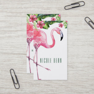 Carte De Visite Flamant rose & Hibiscus Feuilles Florales Tropical