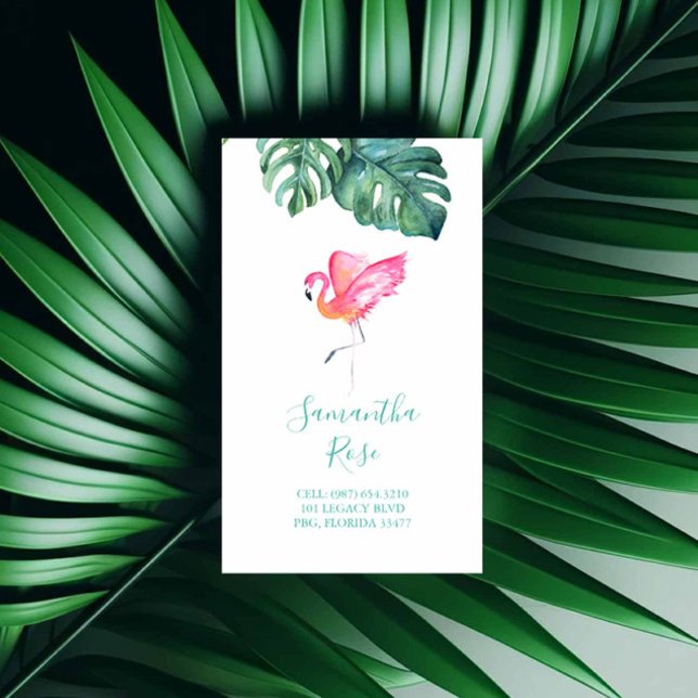 Carte De Visite Flamant rose rose Monstera Palm Feuille unique (Flamingo business cards feature watercolor tropical art by Victoria Grigaliunas of Do Tell A Belle)
