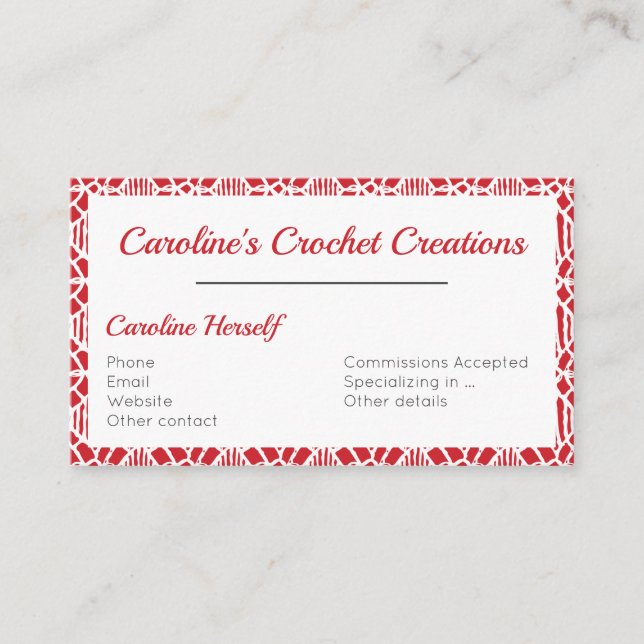 Carte De Visite Flamme Scarlett Avec Motif Crochet Blanc (Devant)