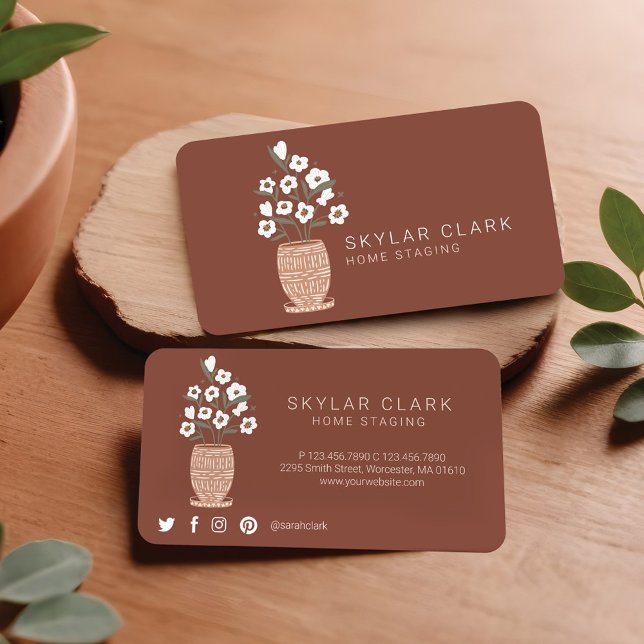 Carte De Visite Fleur bohème Poted Plante Accueil Métrage Bronze (Bohemian Flower Potted Plant Home Staging Bronze Business Card)