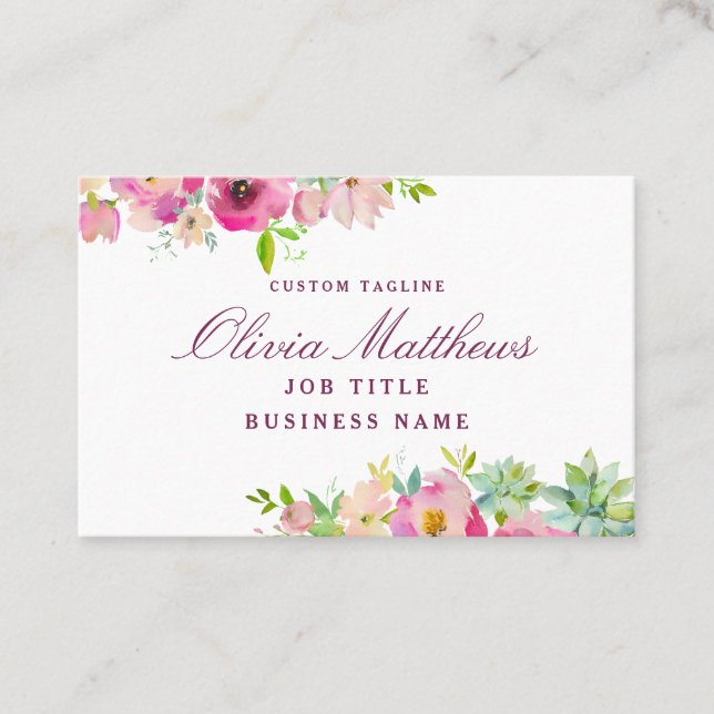 Carte De Visite Fleur Chic Succulent Rose Aquarelle Florale (Devant)