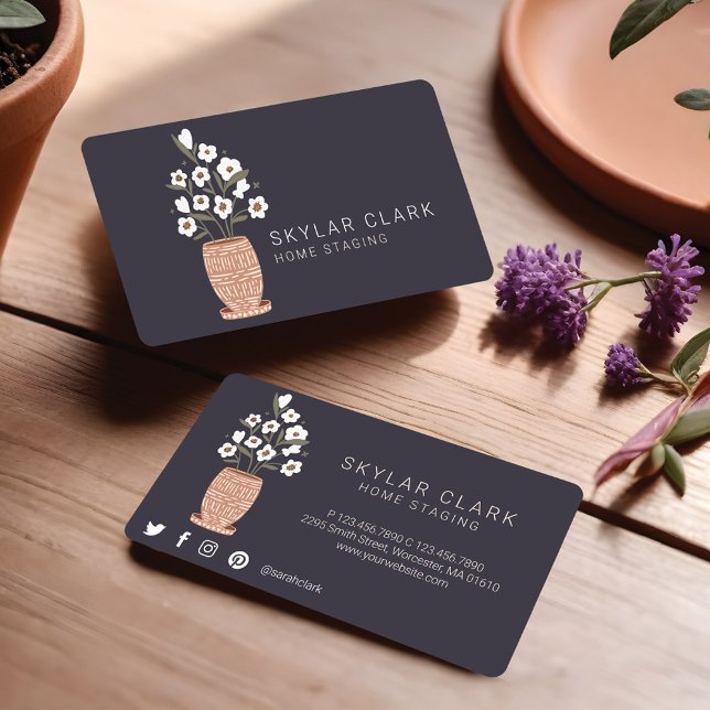 Carte De Visite Fleur de Bohême Poted Plante Accueil Stand Charbon (Bohemian Flower Potted Plant Home Staging Charcoal Business Card)