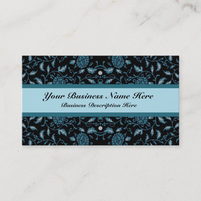 Carte De Visite Fleur élégante Noir et Turquoise Damas (Devant)