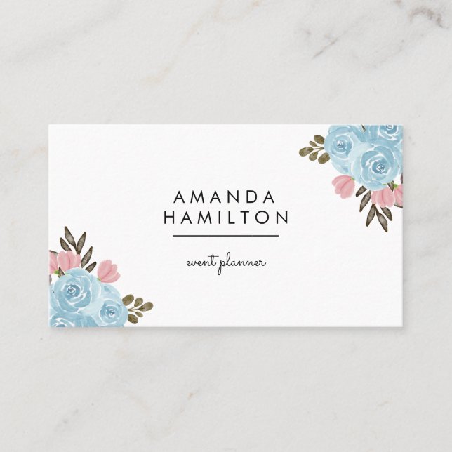 Carte De Visite Fleur et feuille d'aquarelle moderne classique BLU (Devant)