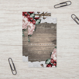 Carte De Visite Fleur Glam Rustique Bois & Dentelle Élégant Campag