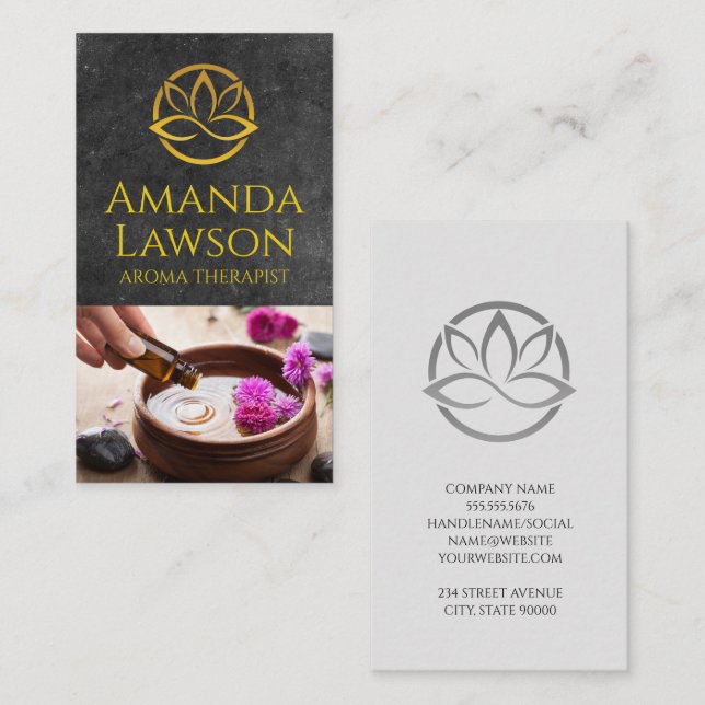 Carte De Visite Fleur Lotus | Arrière - plan d'ardoise | Aroma Hui (Devant / Derrière)