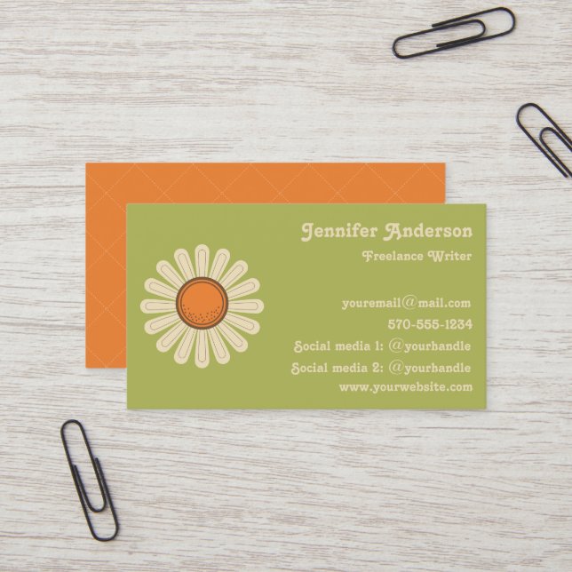 Carte De Visite Fleur marguerite sur Green Retro (Devant/Arrière en situation)