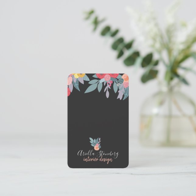 Carte De Visite Fleur peinte en Whimsical | Floral sur noir (Debout devant)