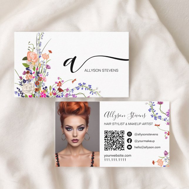 Carte De Visite Fleur sauvage chic maquillage cheveux photo initia (Wildflowers chic hair makeup photo initial qr code business card)