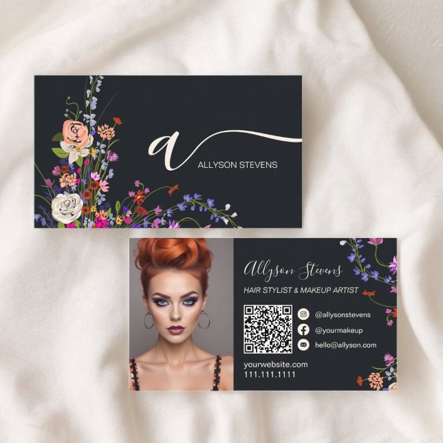 Carte De Visite Fleur sauvage chic maquillage cheveux photo initia (Wildflowers chic hair makeup photo initial qr code business card on gray)