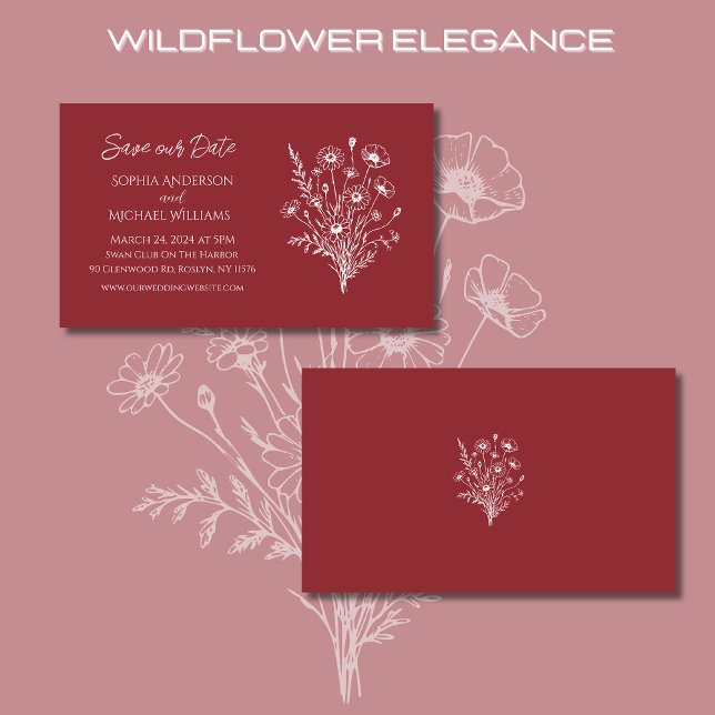 Carte De Visite Fleur sauvage Elegance Mariage-Enregistrer la date (Wildflower Elegance Wedding Save The Date-Red-Rustic, Country, Bohemian, Elegant)