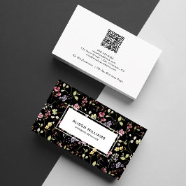 Carte De Visite Fleur sauvage QR Code printemps floral noir