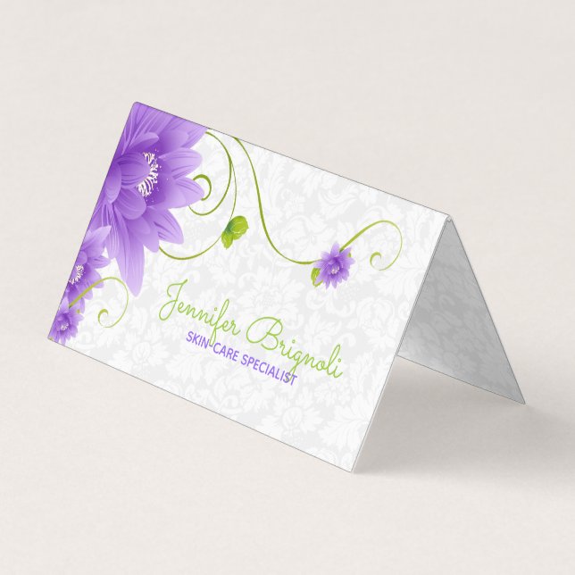 Carte De Visite Fleur violette sur Damas blanc (Devant)
