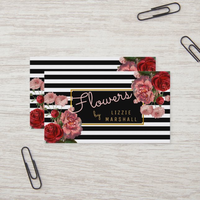 Carte De Visite Fleuriste blanc | noir floral rose de fleur de (Devant/Arrière en situation)