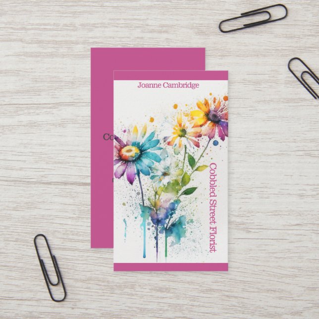 Carte de visite fleuriste. Fleurs éclaboussées des (Devant/Arrière en situation)