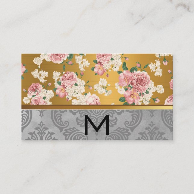 Carte De Visite Fleuriste | Fleurs roses métal or (Devant)
